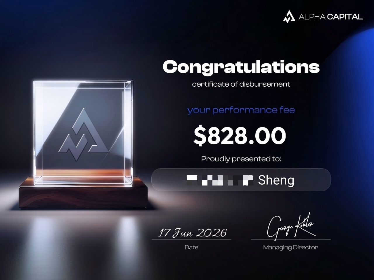 Alpha Capital — Sheng disbursement