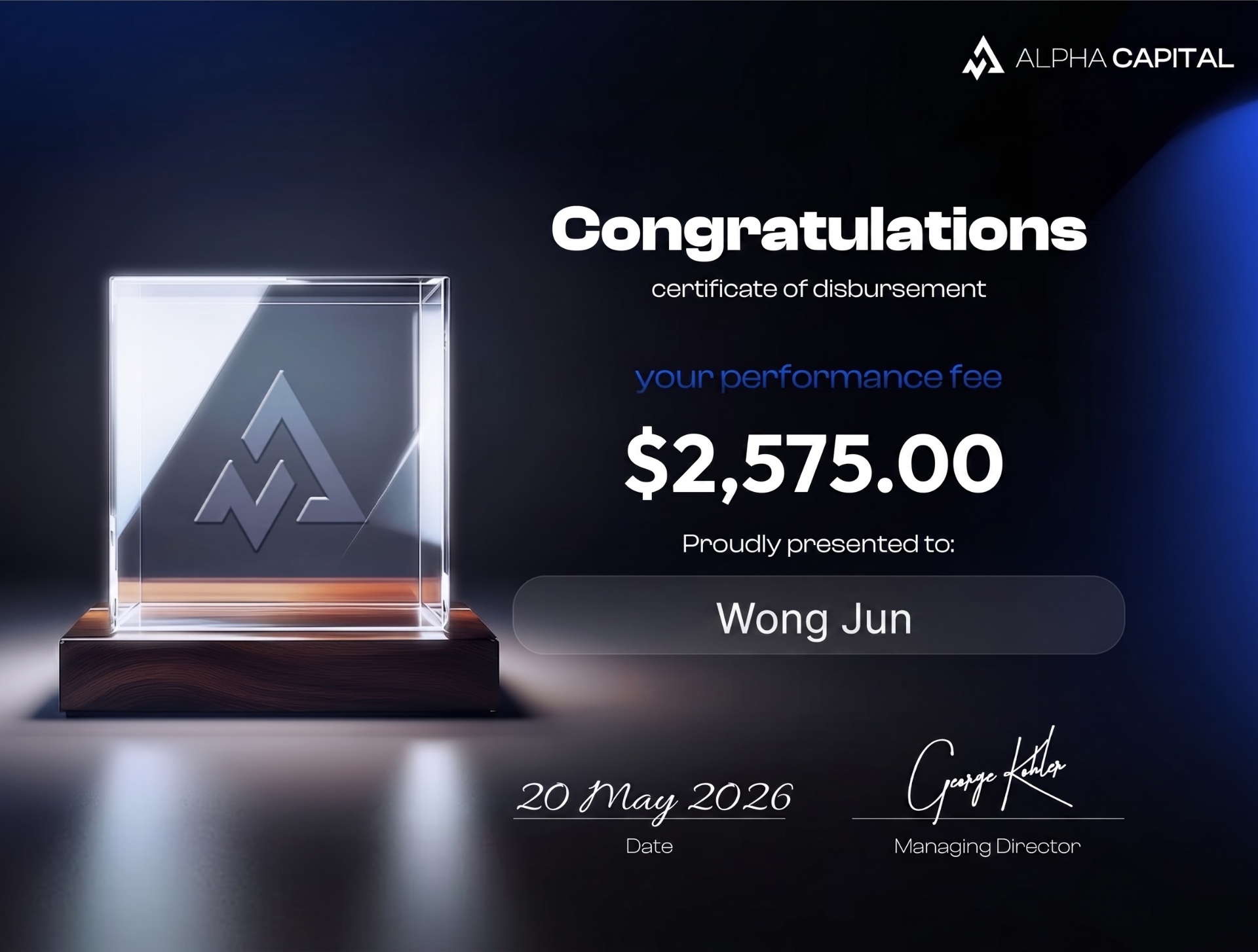 Alpha Capital — Certificate of Disbursement